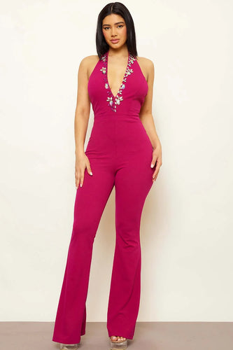RHINESTONE DETAILED HALTER TOP JUMPSUIT