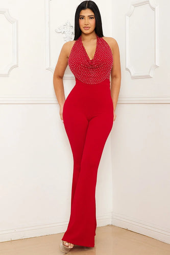 RHINESTONE HALTER TOP JUMPSUIT